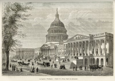 Capitolium, säte för den lagstiftande församlingen, byggt mellan 1793 och 1830, i Washington (District of Columbia), USA:s huvudstad. Gravyr efter A. Deroys teckning, för att illustrera historien La conquete blanche, av William Hepworth Dixon, 1875, s. av Auguste Victor Deroy