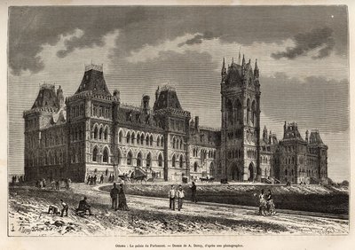 Palace of Parliament i Ottawa, byggt mellan 1859 och 1876, graverat efter en teckning av A.Deroy, som illustrerar utflykten till Kanada och Röda floden i norr, av H. De Lamotte 1873, publicerad i "" Le tour du monde””” 1875, redigerad av Edouard av Auguste Victor Deroy