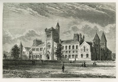 University of Toronto, teckning av A.Deroy, för att illustrera historien om en utflykt till Kanada och Northern Red River 1873 av H. de Lamotte. Gravyr i Le tour du monde av Auguste Victor Deroy