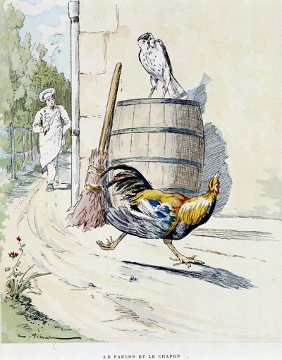 Falken och kaponen i "" Fables of La Fontaine, ill. av Auguste Vimar (1851-1916), Tours, at A, Mame & Son av Auguste Vimar