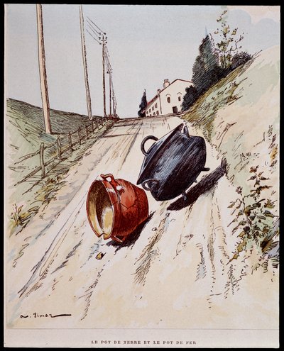 Lerkrukan och järnkrukan - i "" Les Fables de La Fontaine"", ill. av Auguste Vimar (1851-1916), Tours, at A, Mame & Son av Auguste Vimar