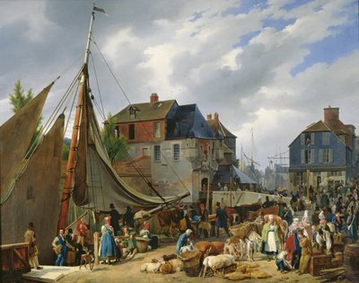 Lastar boskap på "Passageraren" i hamnen i Honfleur, 1823 av Auguste Xavier Leprince
