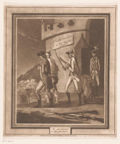 Soldater med två fångar vid tornet Bli inte förvånad/ ne soyez pas surpris (titel på objekt) av Auguste de Bouillé
