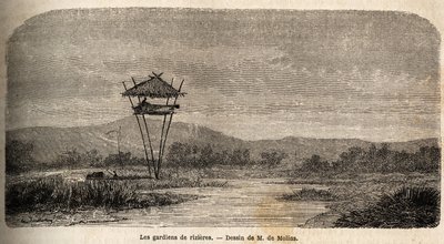 En risvakt, nära Batavia (dagens Jakarta). Teckning av M. de Molins, för att illustrera hans resa till Java av Auguste de Molins