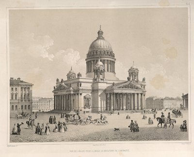 Saint Isaacs Cathedral sett från Admiralteysky Prospekt Från: The Construction of the Saint Isaacs Cathedral, 1845 av Auguste de Montferrand
