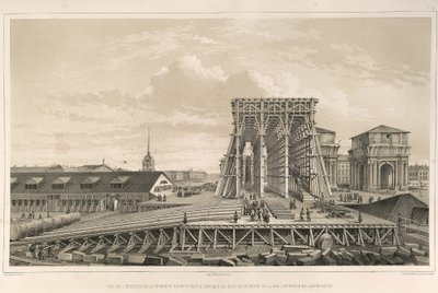 Den första kolumnen om konstruktionen Från: The Construction of the Saint Isaacs Cathedral, 1845 av Auguste de Montferrand