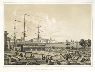 Lossning av två kolumner vid amiralitetet Från: The Construction of the Saint Isaacs Cathedral, 1845 av Auguste de Montferrand