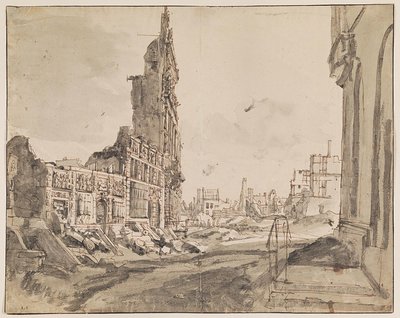 Utsikt över de nordöstra och nordvästra hörnen av Grand Place efter bombardementet 1695 av Augustin Coppens