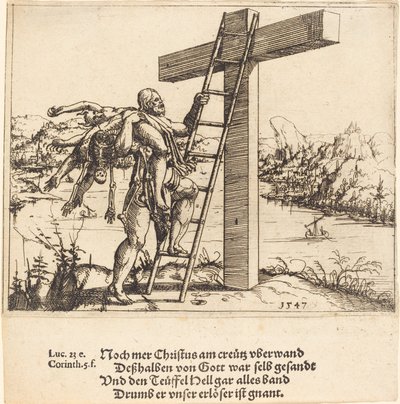Kristus stiger upp på korset med synd, död och djävulen, 1547. av Augustin Hirschvogel