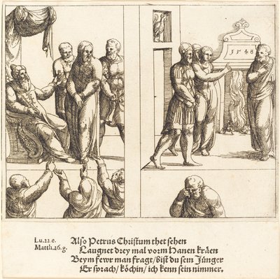 Kristus före Kaifas och Peter förnekar Kristus, 1548. av Augustin Hirschvogel