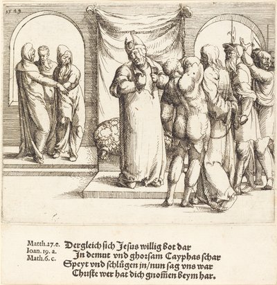 Kristus hånas och Kaifas river sönder sina kläder, 1549. av Augustin Hirschvogel