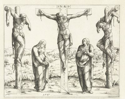 Kristus på korset och Maria och Johannes Korsfästelse Gamla och Nya Testamentets konkordans (serietitel) Concordants alt und news Testaments (serietitel) av Augustin Hirschvogel