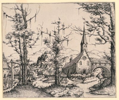 Kyrka vid en bäck, spänd av en täckt bro av Augustin Hirschvogel