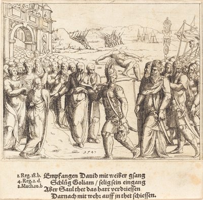 David välkomnas efter att ha dödat Goliat och Sauls svartsjuka, 1547. av Augustin Hirschvogel