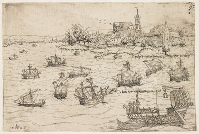 Jona och valen på en sjö med segelfartyg, 1546 av Augustin Hirschvogel