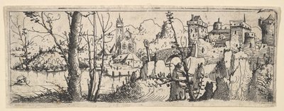 Landskap med fort och en kyrka vid en flod, 1545. av Augustin Hirschvogel