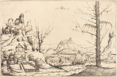 Landskap med höga klippor, flod och stad, 1546. av Augustin Hirschvogel