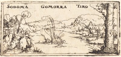 Landskap med tre brinnande städer: Sodom, Gomorra och Tyrus av Augustin Hirschvogel