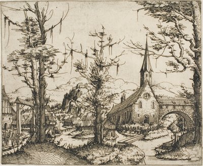 Landskap med en kyrka och täckt bro av Augustin Hirschvogel