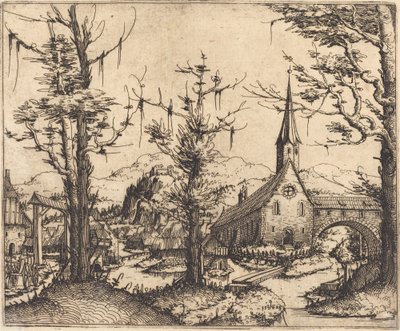 Landskap med en bykyrka, 1545. av Augustin Hirschvogel