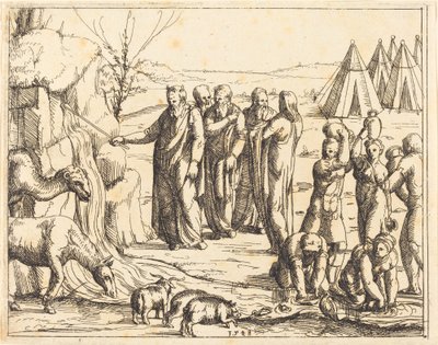 Moses slår klippan. av Augustin Hirschvogel