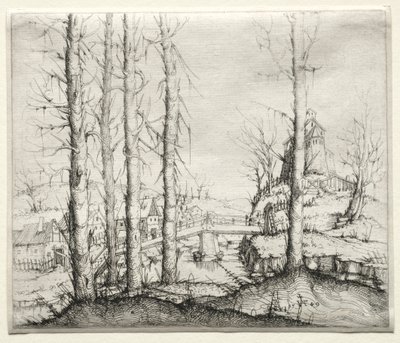 Flodlandskap med fem kala granar i förgrunden, 1549. av Augustin Hirschvogel