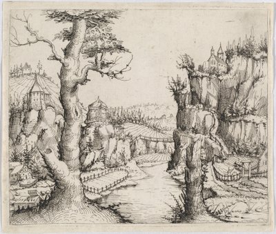 Flodlandskap med höga klippor, 1546. av Augustin Hirschvogel