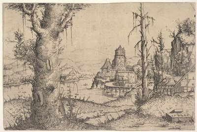 Flodlandskap med stort träd till vänster, 1546. av Augustin Hirschvogel
