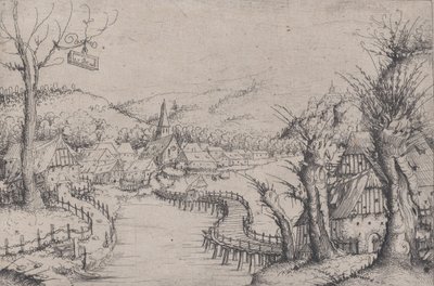 Flodlandskap med tre kala pilträd till höger och en lång slingrande träbro vid ..., 1546. av Augustin Hirschvogel