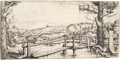 Flodlandskap med en gångbro, 1546. av Augustin Hirschvogel