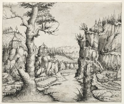 Flodlandskap med stenar till vänster och till höger, 1546. av Augustin Hirschvogel