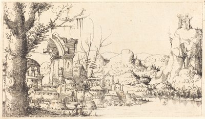 Flodlandskap med Kristi frestelse, 1545. av Augustin Hirschvogel