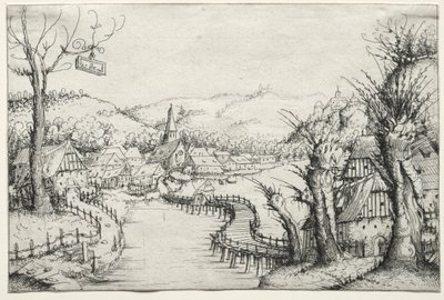Flodlandskap med tre kala pilträd till höger och en lång slingrande träbro i mitten som leder till en by av Augustin Hirschvogel