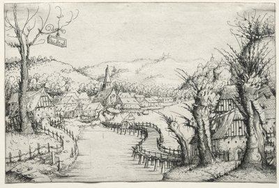 Flodlandskap med tre kala pilträd till höger och en lång slingrande träbro..., 1546. av Augustin Hirschvogel