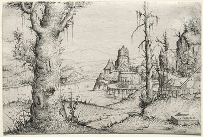 Flodlandskap med stort träd till vänster, 1546. av Augustin Hirschvogel
