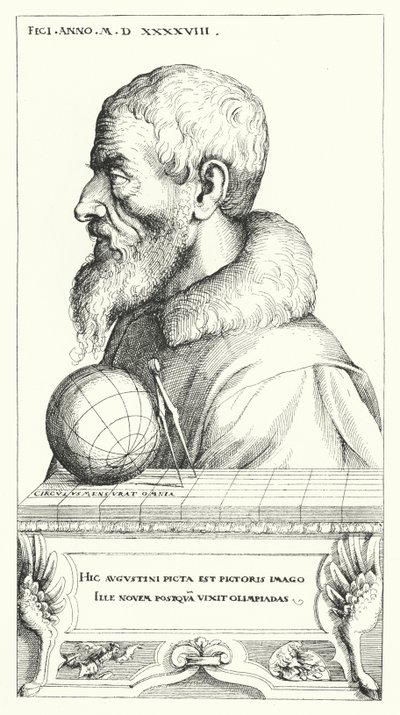 Självporträtt av Augustin Hirschvogel, tysk konstnär, matematiker och kartograf (gravyr) av Augustin Hirschvogel