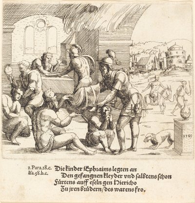Efraims män tar hand om sina fångar och återlämnar dem till Jerico, 1549. av Augustin Hirschvogel