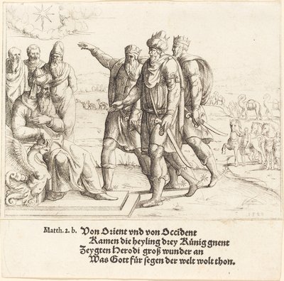 De tre kungarna berättar för Herodes om Kristi födelse, 1549. av Augustin Hirschvogel