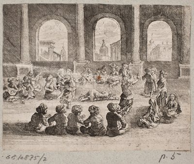 Orientalisk palatsinteriör med ett sällskap som underhålls av dansare av Augustin John