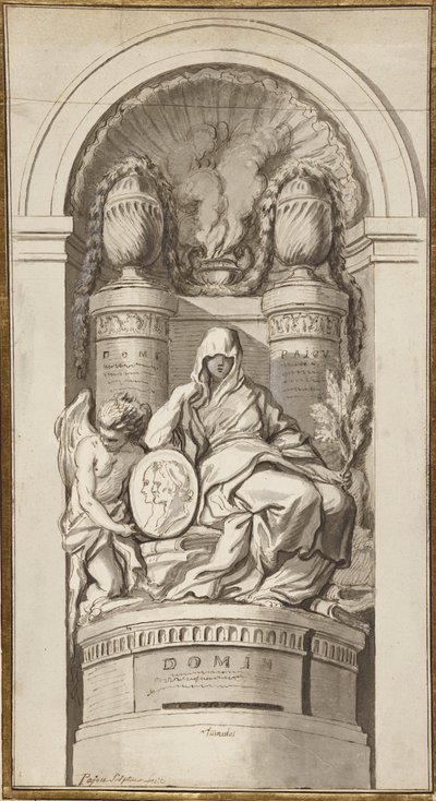 Study for a Funerary Monument, 1750 (svart krita, penna och brunt bläck, bruna och gråa tvättar, vit förhöjning på två sammanfogade ark) av Augustin Pajou