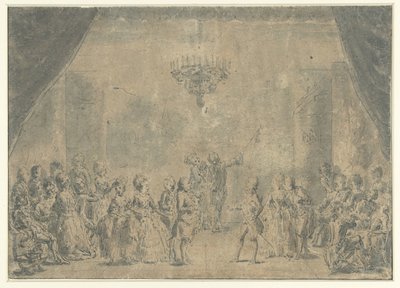 En mottagning presenterad på en scen av Augustin de Saint Aubin (manner of)