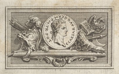 Medalj med porträtt av Caligula i den sjätte boken, från Tibère ou les six premi..., publicerad 1768. av Augustin de Saint Aubin