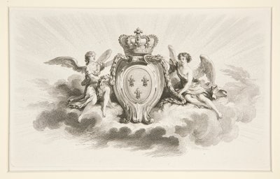 Royal Crest med Fleurs de Lis Flankerad av änglar, 1800-talsreproduktion av Augustin de Saint Aubin