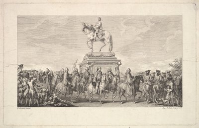 Invigningen av Statyn av Ludvig XV, Vinjett på sidan 1, från Description des Trava..., 1766. av Augustin de Saint Aubin