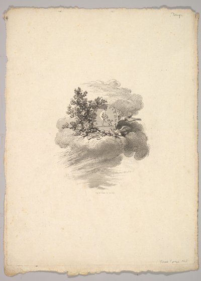 Vinjett med mynt på ett moln med rosor till vänster och duvor under och till höger..., 1778-80. av Augustin de Saint Aubin