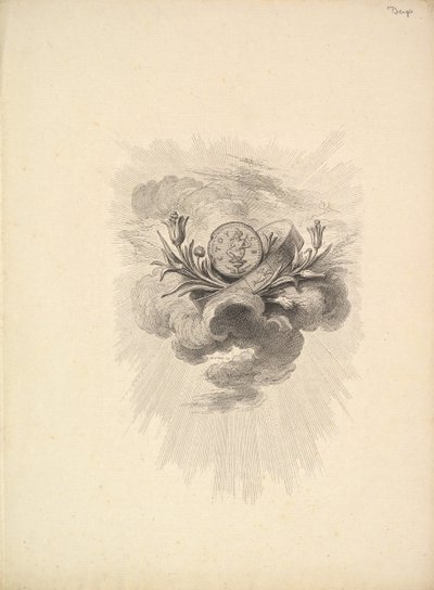Vinjett med en medalj föreställande Harpocrate och Lotusblommor, Volym I, Sida 12, från D..., 1778-80. av Augustin de Saint Aubin