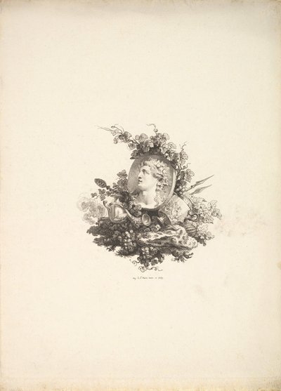 Vinjett med huvudet av Bacchus på en Cornelian, Tome I, Sida 242, från Description de..., 1778-80. av Augustin de Saint Aubin