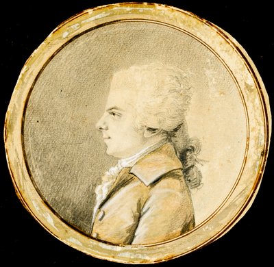 Wolfgang Amadeus Mozart - Augustin de Saint-Aubin (1736-1807). Sanguine, svart krita och vit färg på papper, ca 1778. Mått: D 13,8 cm. Privat samling av Augustin de Saint Aubin
