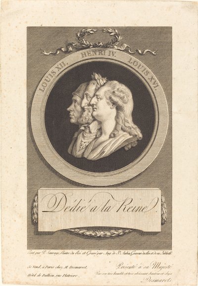 Ludvig XVI, Henri IV och Ludvig XII av Augustin de Saint Aubin after Piat Joseph Sauvage