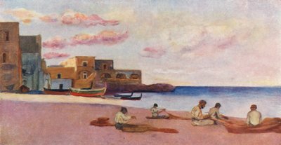 Kväll på stranden vid Ischias småbåtshamn (färglitografi) av Augustine Fitzgerald